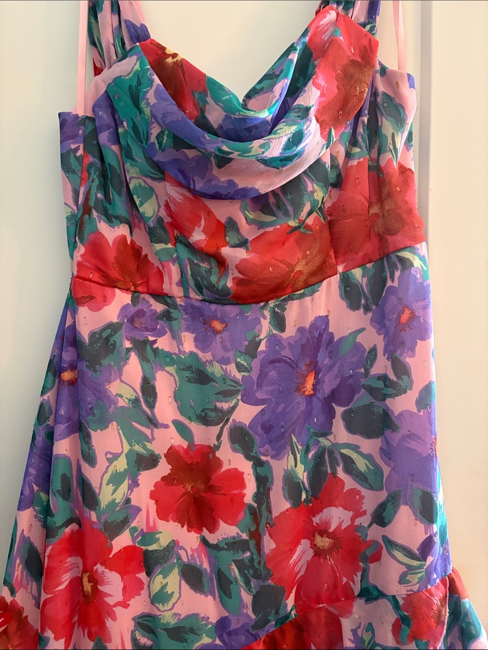 City Studio Pink Floral Cowl-Neck High Low Dress with Red & Purple Blooms